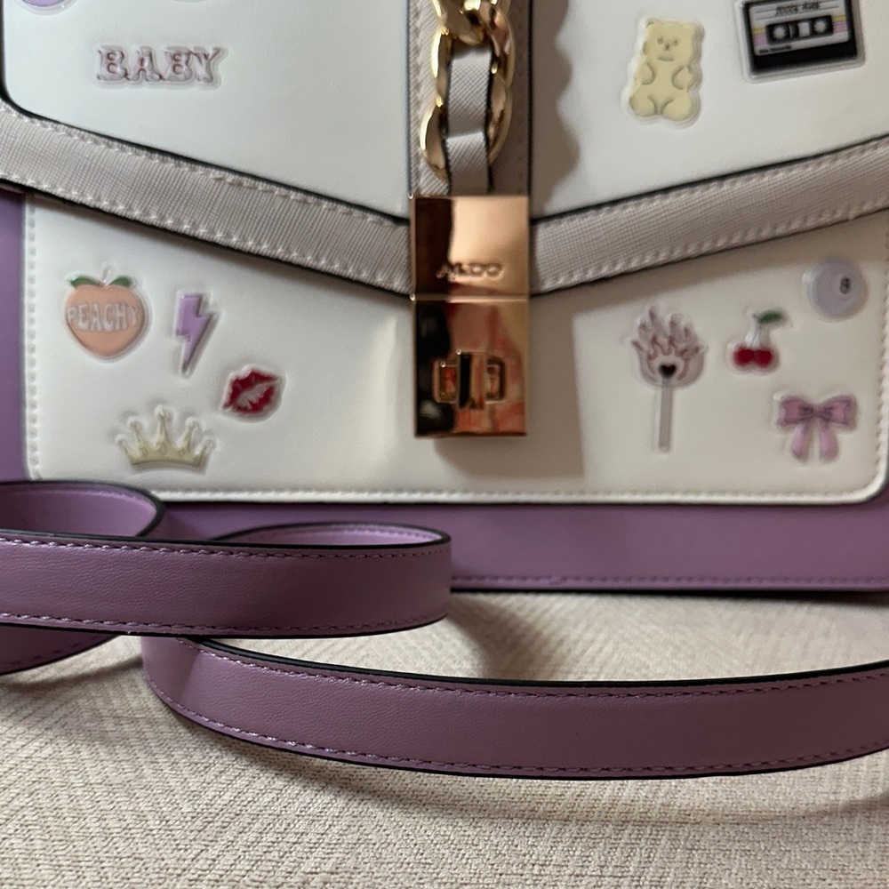 Aldo Cream and Purple Satchel with Fun Embellishments and Shoulder Strap - Picture 4 of 14